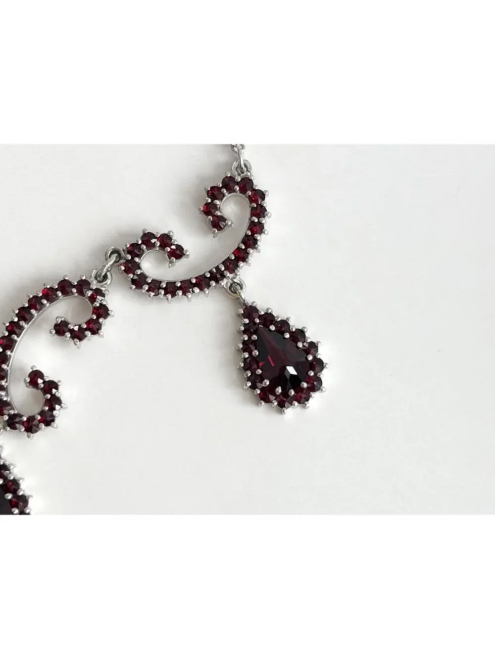 Art Deco Dark Red Teardrop Sterling Silver 925 Vintage Pendant Necklace - 19